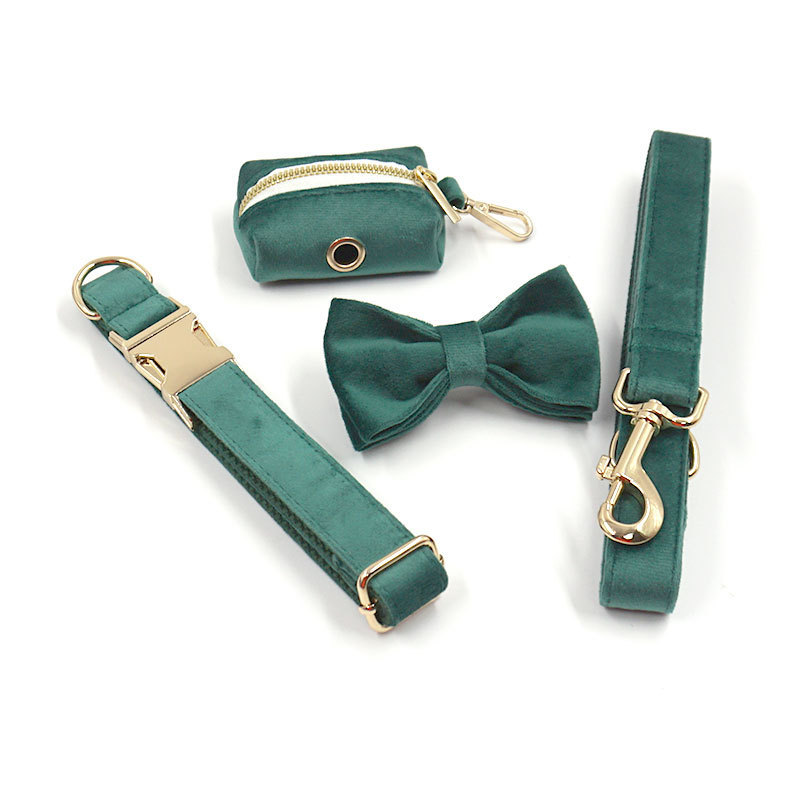 Green Velvet Dog Collar Dog Leash Pet Collar - Image 2